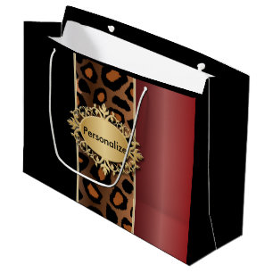 Sacola Para Presentes Grande Padrão de Leopardo Negro e Vermelho do Garnet