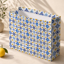 Sacola Para Presentes Grande Padrão de Limão Country Francês Azul 