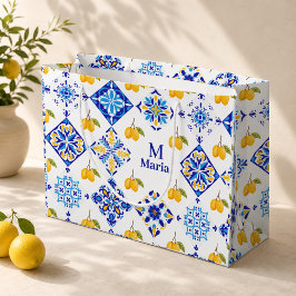 Sacola Para Presentes Grande Padrão de Limão Country Francês Azul Monograma Nom