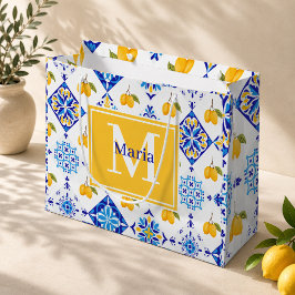 Sacola Para Presentes Grande Padrão de Limão Country Francês Azul Monograma Nom