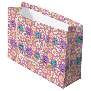 Sacola Para Presentes Grande Padrão de margarida retrô simples.01. Rosa BG