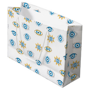 Sacola Para Presentes Grande Padrão de Mati do Olho Grego Azul, Dourado e Branc