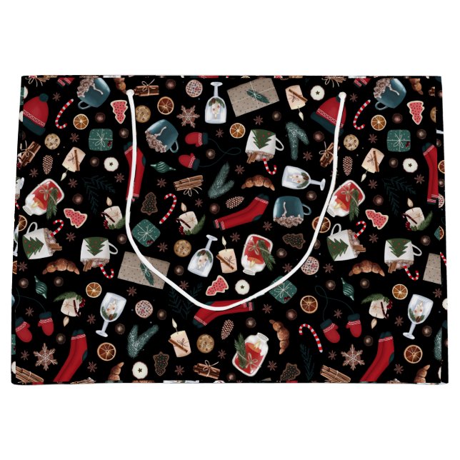 Sacola Para Presentes Grande Padrão de Natal de Hygge Escuro (Frente)