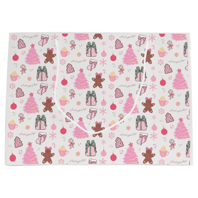 Sacola Para Presentes Grande Padrão de Natal Rosa (Frente)