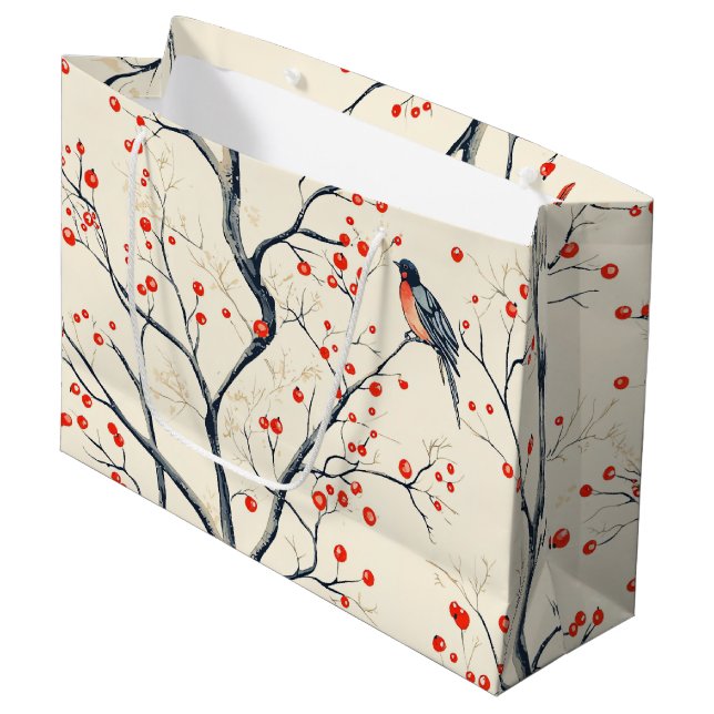 Sacola Para Presentes Grande Padrão de Natal Rustic Bird and Poinsettia (2) (Frente inclinada)