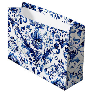 Sacola Para Presentes Grande Padrão de ornamento floral do estilo Delft azul e