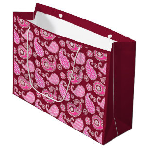 Sacola Para Presentes Grande Padrão de Paisley, Borgonha, Rosa e Branco