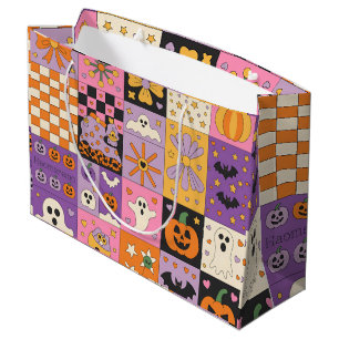 Sacola Para Presentes Grande Padrão de Patchwork do Halloween - Quadrados Festi