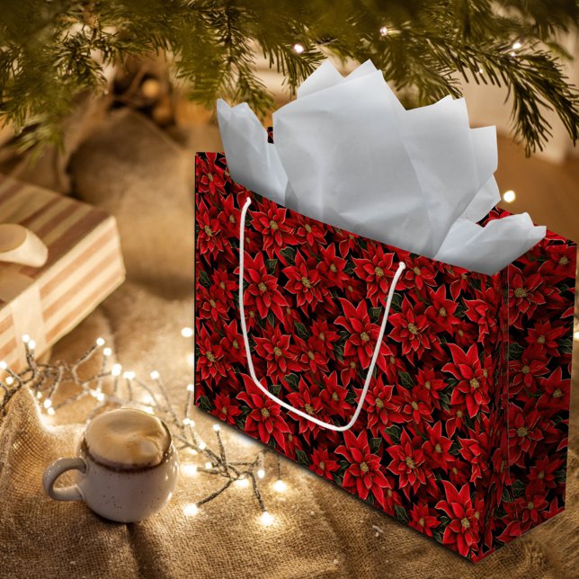 Sacola Para Presentes Grande Padrão de Poinsettia Natal de Férias Vermelhas (Criador carregado)