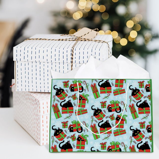 Sacola Para Presentes Grande Padrão de Presentes de Natal de Gatos Pretos (Criador carregado)