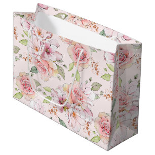 Sacola Para Presentes Grande Padrão de rosas de vinheta cor-de-rosa pastel