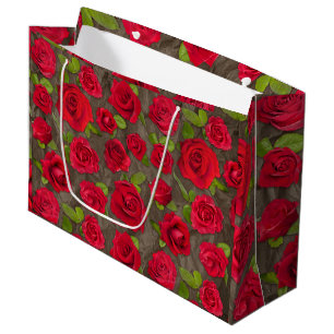 Sacola Para Presentes Grande Padrão de Rosas Florais Vermelhas e Rosa Escuro