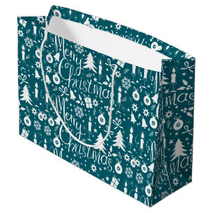 Sacola Para Presentes Grande Padrão de Tema de Natal Azul-Verde Branco