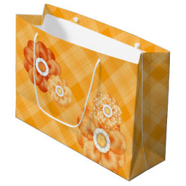 SACOLA PARA PRESENTES GRANDE PADRÃO DE XADREZ LARANJA COM FLORES DE LARANJA