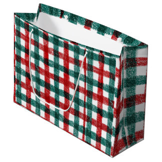 Sacola Para Presentes Grande Padrão de Xadrez Natalino Vermelho e Verde Desenha