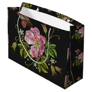 Sacola Para Presentes Grande Padrão do bordado floral elegante em preto