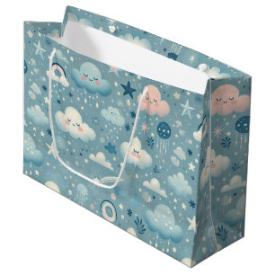 Sacola Para Presentes Grande Padrão do Céu Whimsical com Nuvens, Estrelas - Azu