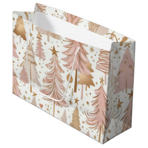Sacola Para Presentes Grande Padrão Dourado de Árvores de Natal Rosa-Rosa-Esbra