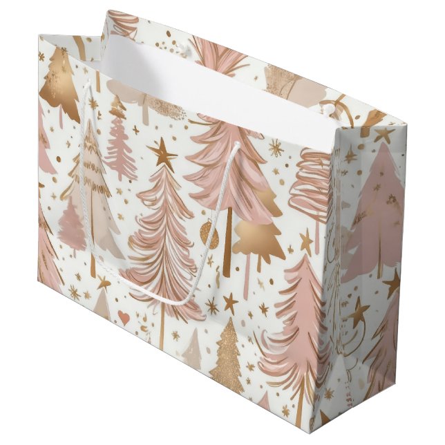 Sacola Para Presentes Grande Padrão Dourado de Árvores de Natal Rosa-Rosa-Esbra (Frente inclinada)