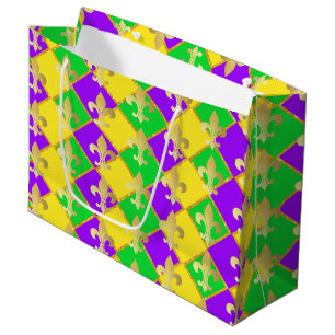 Sacola Para Presentes Grande Padrão Dourado de Mardi Gras Harlequin Roxo Verde