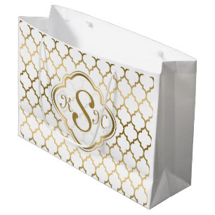 Sacola Para Presentes Grande Padrão Dourado e branco de quatrefoil monograma