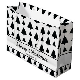 Sacola Para Presentes Grande Padrão e Texto da Árvore de Natal Preto e Branco
