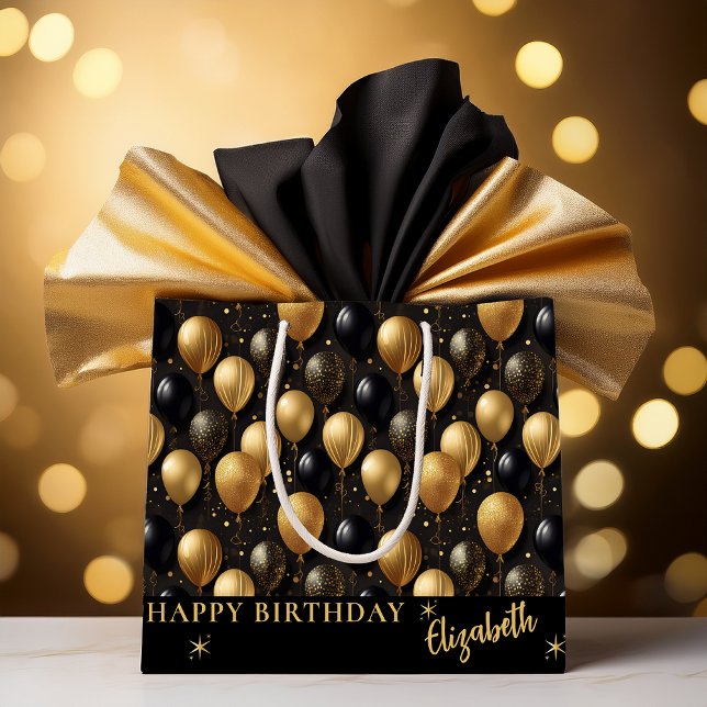 Sacola Para Presentes Grande Padrão Elegante Black Glitter Balloons A021 (Elegant Black and Gold Faux Glitter Balloons Pattern A021 "Happy Birthday" [Name] Large Gift Bag)