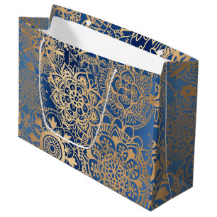 Sacola Para Presentes Grande Padrão Elegante de Mandala Azul e Dourado