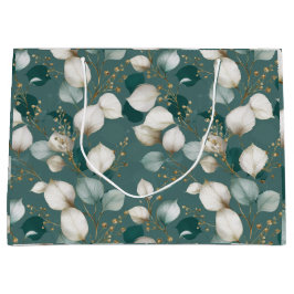 Sacola Para Presentes Grande Padrão Floral Branco Folha Esmeralda Elegante