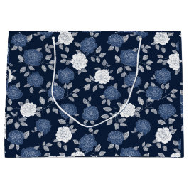 Sacola Para Presentes Grande Padrão Floral Branco Rosa Azul Marinho Elegante