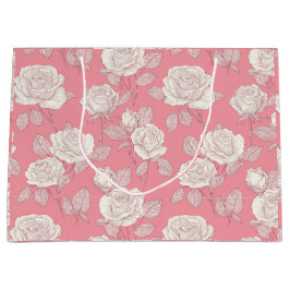 Sacola Para Presentes Grande Padrão Floral Branco Rosa Rosa Desenhada à Mão