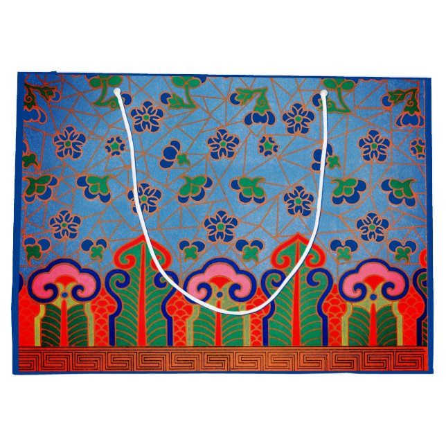 SACOLA PARA PRESENTES GRANDE PADRÃO FLORAL CHINÊS DOR SACO FLORAL AZUL (Verso)