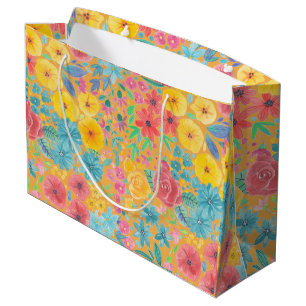 Sacola Para Presentes Grande Padrão floral de aquarelas em amarelo