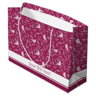 Sacola Para Presentes Grande Padrão Floral de Aves Brancas de Inverno, Rosa Br