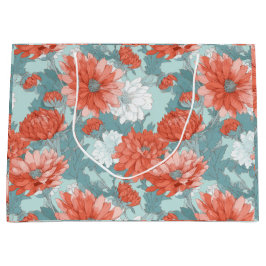 Sacola Para Presentes Grande Padrão Floral de Coral Desenhado à Mão com Hortelã