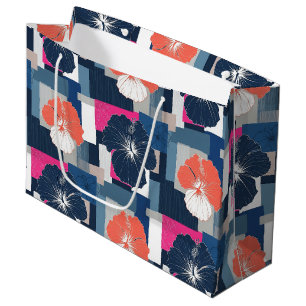 Sacola Para Presentes Grande Padrão Floral de Hibisco Azul Elegante (1)