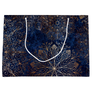 Sacola Para Presentes Grande Padrão Floral de Mandala Azul Escuro e Dourado el