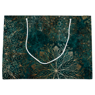 Sacola Para Presentes Grande Padrão Floral de Mandala Verde Elegante Dourado e