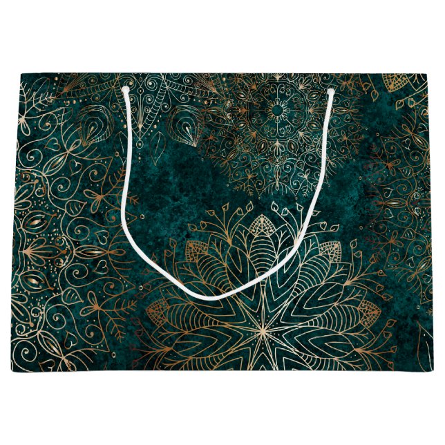Sacola Para Presentes Grande Padrão Floral de Mandala Verde Elegante Dourado e  (Frente)