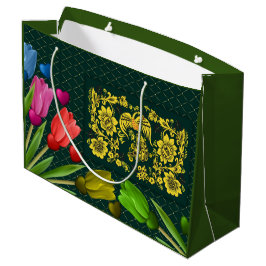 Sacola Para Presentes Grande Padrão Floral Dourado Ornamentado em Verde Escuro