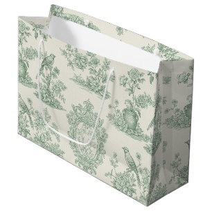 Sacola Para Presentes Grande Padrão Floral e de Pássaros em Toile Verde Menta
