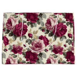 Sacola Para Presentes Grande Padrão Floral Marfim Rosa Ameixa Elegante