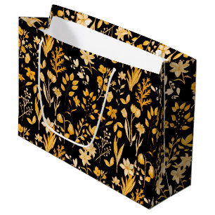 Sacola Para Presentes Grande Padrão Floral ouro para o outono. BG preto