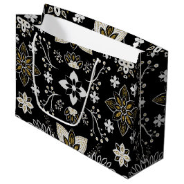 Sacola Para Presentes Grande Padrão floral preto e branco ornamentado