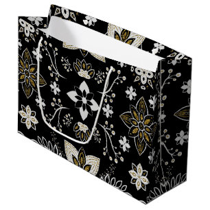 Sacola Para Presentes Grande Padrão floral preto e branco ornamentado