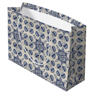 Sacola Para Presentes Grande Padrão Geométrico do Flor Branco Azul-Vintage