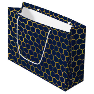 Sacola Para Presentes Grande Padrão Geométrico do Hexágono Azul e Dourado do ma