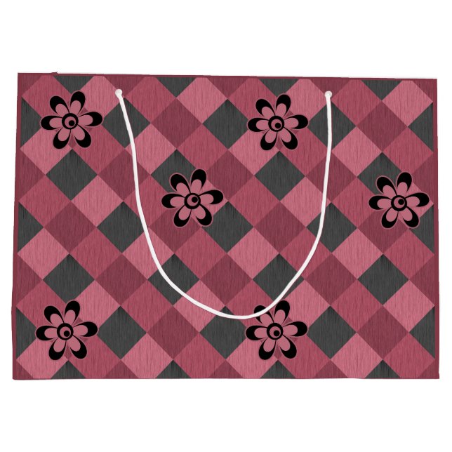 Sacola Para Presentes Grande Padrão geométrico rosa-cinza com flores (Verso)