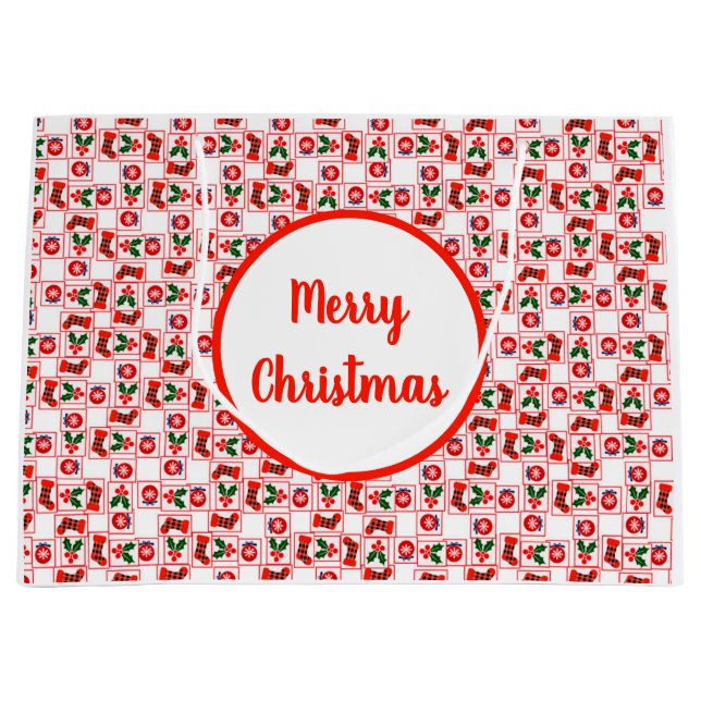 Sacola Para Presentes Grande Padrão natalício festivo (Frente)