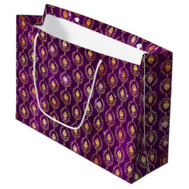 Sacola Para Presentes Grande Padrão Ornamental de Brilho Roxo e Dourado